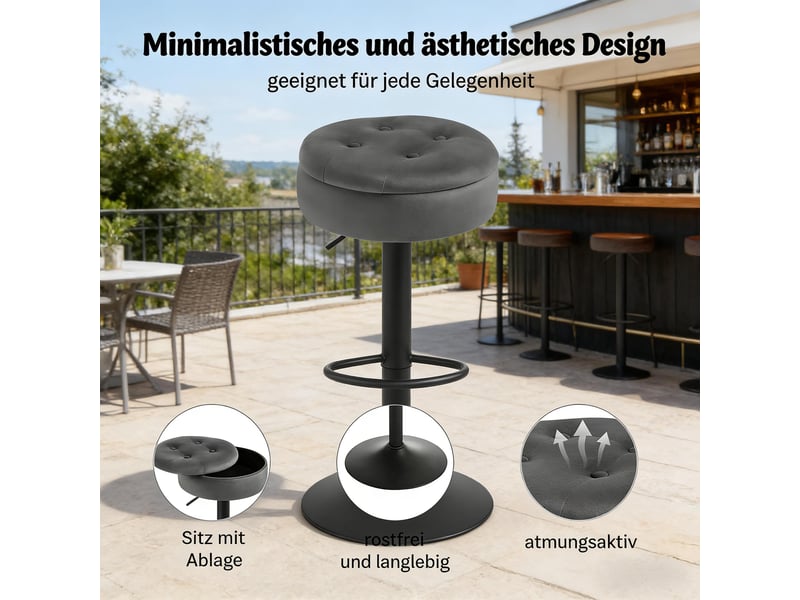  Tabouret de bar pivotant avec rangement, hauteur réglable et repose-pieds, en velours gris foncé  - Conforama E