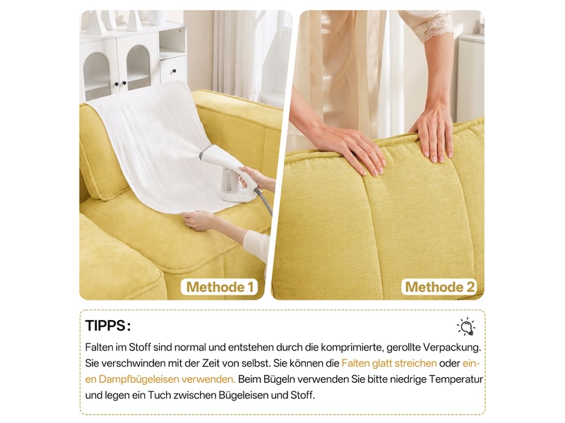  Canapé modulaire 2 places avec deux poufs, assise profonde - lpospi - accoudoirs larges, polyester jaune  - Conforama E