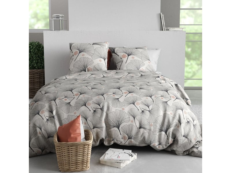  Parure housse de couette 240x220cm + 2 taies motif feuillage ginko gris 100% coton - frezia FREZIA - Conforama A