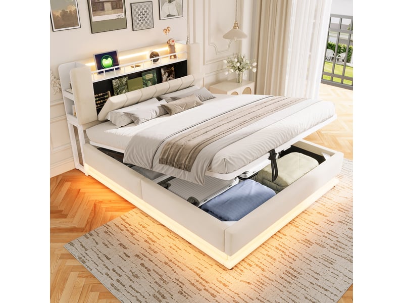  Lit double 160 × 200 cm avec coffre hydraulique, led, prises usb et rangement de tête en velours beige pour chambre  - Conforama B