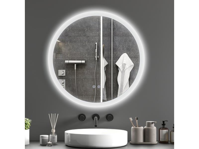 Miroir rond lumineux led de salle de bain ø 70 cm mural éclairage interrupteur tactile système antibuée 35w blanc argent - Conforama A