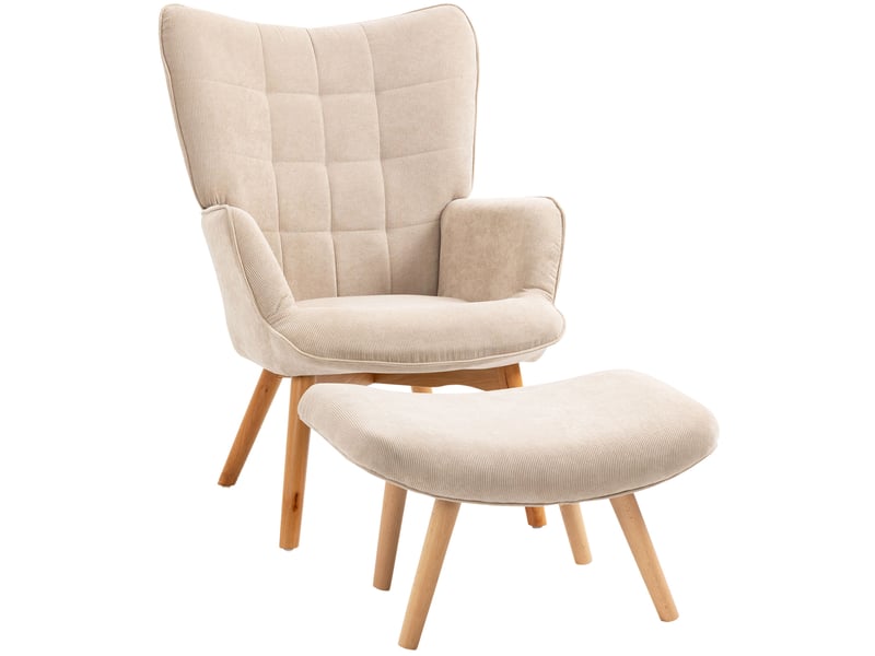  Fauteuil avec pouf repose-pieds capitonné, dossier haut et patins réglables, en velours côtelé beige  - Conforama A