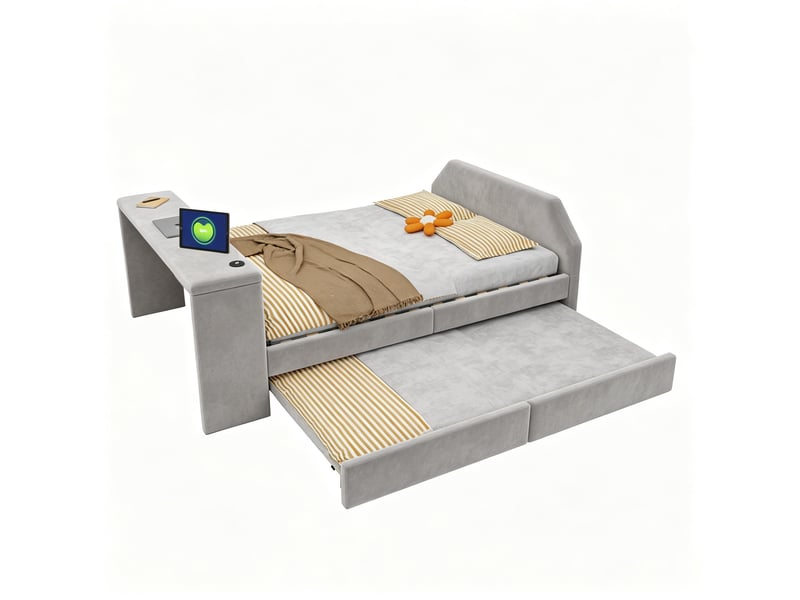  Lit enfant rembourré 140x200 cm avec bureau, usb et lit gigogne en velours gris, sans matelas  - Conforama A