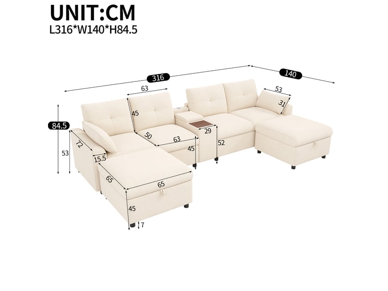  Canapé d'angle modulable 6 places 316x140x84.5 cm en chenille beige  - Conforama C