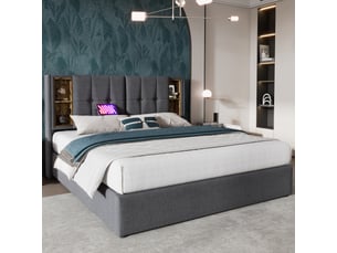 Lit coffre rembourré 180x200 cm lit double avec rangement hydraulique, tête de lit 4 niches, recharge sans fil, 2 usb et usb-c, coton gris