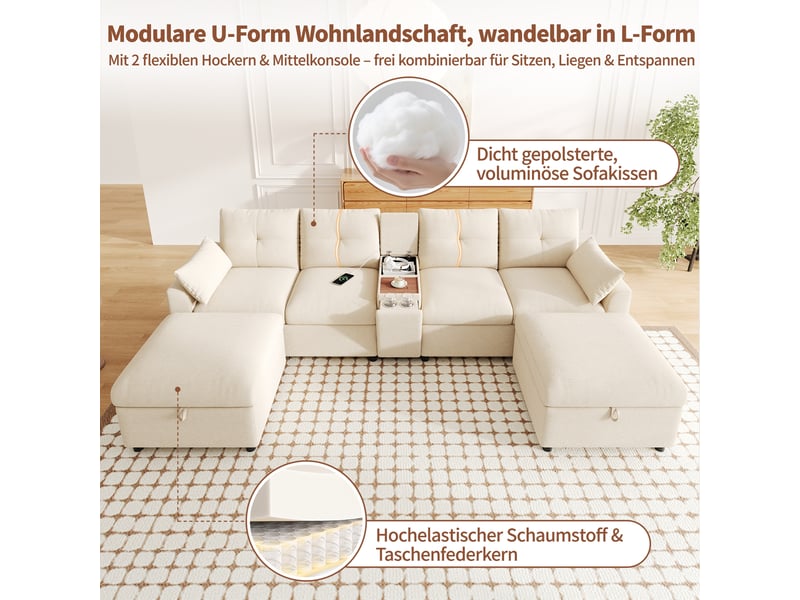 Canapé d'angle, canapé modulable, 6 places, en chenille, beige, porte-gobelets, pour salon et séjour, usb - Conforama E