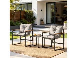 Salon de jardin 2 places noir et gris, fauteuils en métal avec coussins et table 40 cm en verre trempé