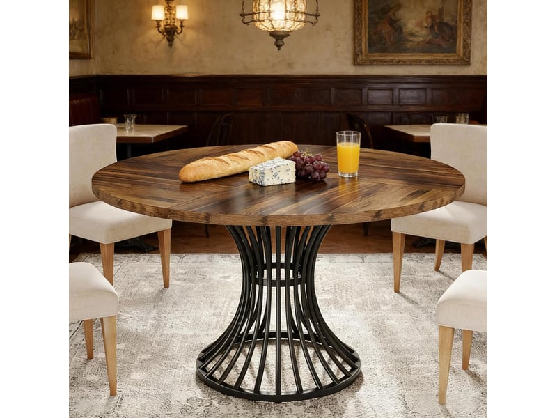  Table de salle à manger pour 6 personnes avec plateau rond et base en métal, style rétro, pour salle à manger  - Conforama C