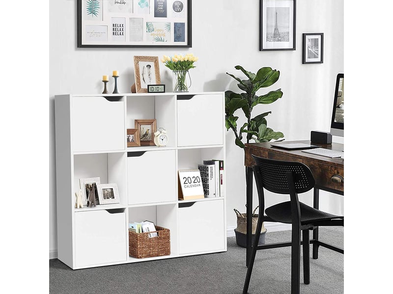 Costway meuble de rangement 9 cases, etagère de rangement, bibliothèque à 3 niveaux avec 5 portes, montage facile, idéal pour bureau, salon, chambre d’etude, 90 x 29 x 90 cm (blanc)  - Conforama F