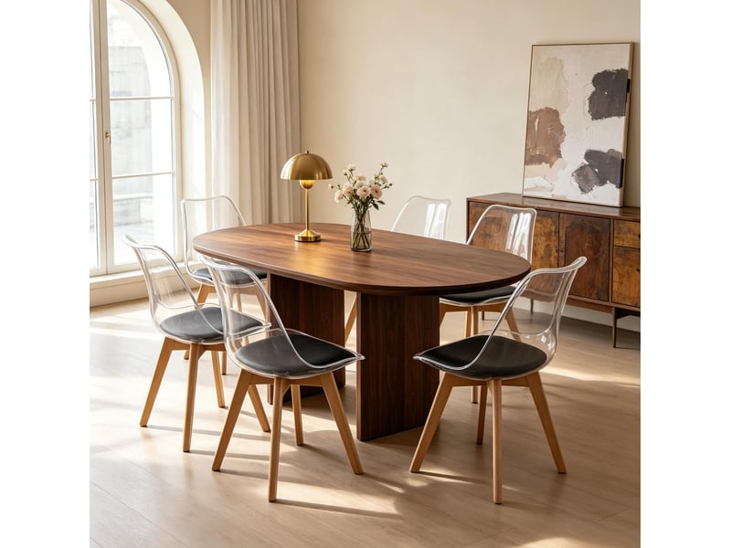  Lot de 6 chaises de salle à manger en polypropylène et similicuir noir, pieds en bois  - Conforama D