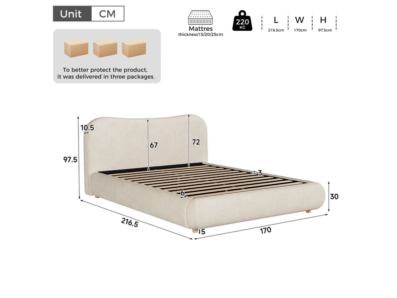  Lit avec rangement 160 × 200 cm, chenille, coffre hydraulique, tête rembourrée, sommier à lattes, pieds en bois, beige  - Conforama C