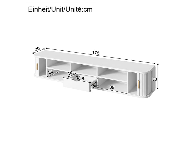  Meuble tv mural 175x30x30 cm avec led réglable par application, mdf blanc  - Conforama C
