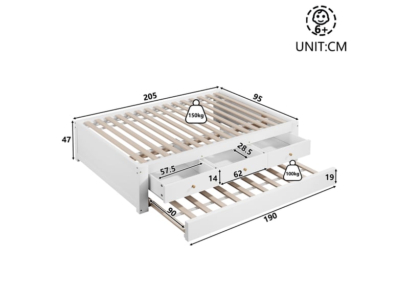  Lit gigogne 90x200 cm avec 3 tiroirs en mdf et bois couleur blanc sans matelas, design moderne  - Conforama C