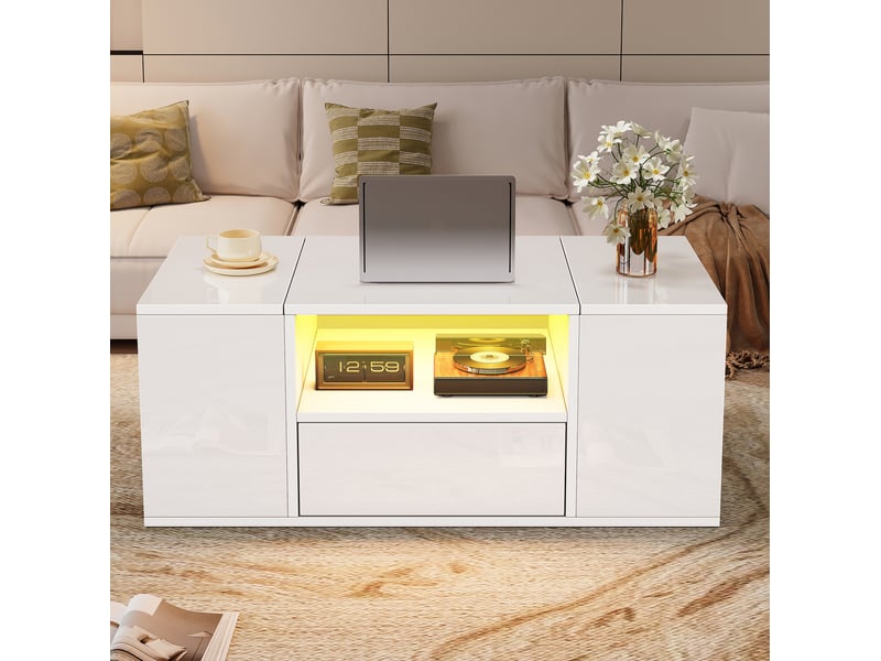  Table basse 100x50x40 cm blanche brillante avec led, tiroir et rangements  - Conforama E