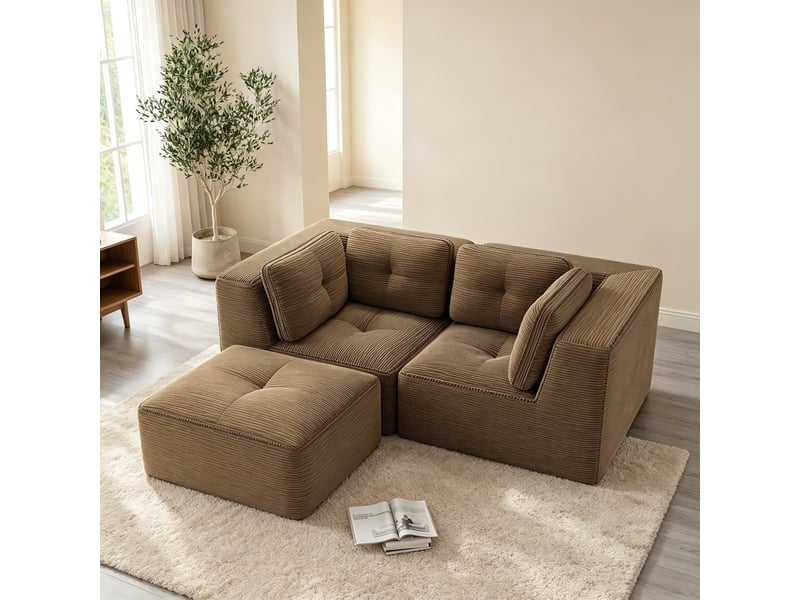 Canapé modulable en l 2 places avec repose-pieds mobile, accueil douillet en velours côtelé, 69 × 208 × 177 cm, marron  - Conforama D