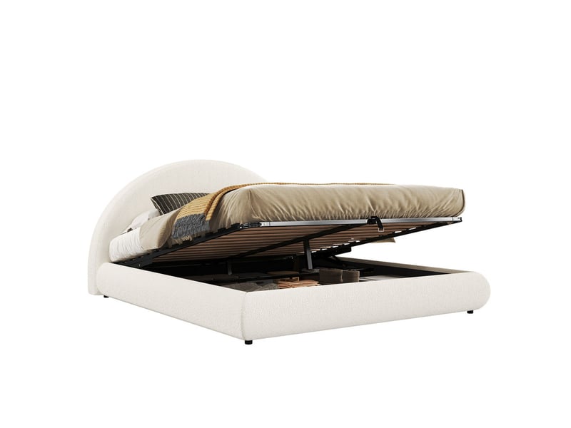 Lit coffre hydraulique 180x200 cm, lit double, tête de lit bouclé blanc, grand espace de rangement  - Conforama E