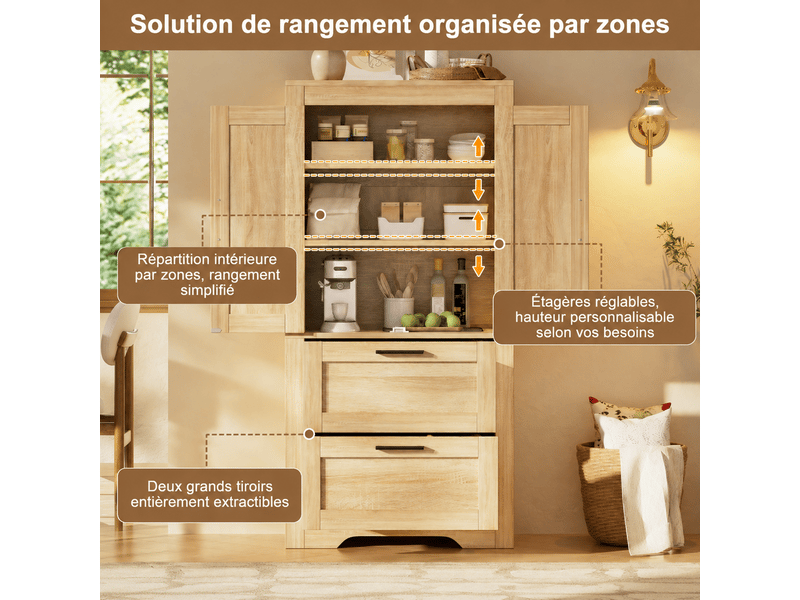  Buffet haut 60x30x128 cm avec portes style grange, 2 tiroirs et étagères réglables, meuble rangement cuisine mdf naturel OMNIGLINT TRADING LTD - Conforama D