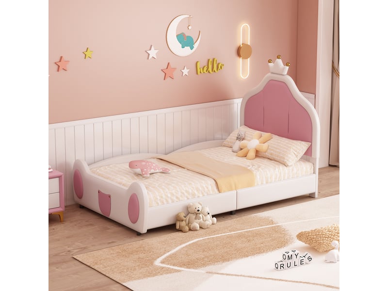  Lit enfant rembourré 90 x 200 cm avec tête de lit couronne, design bicolore, similicuir blanc Fay Lum - Conforama B