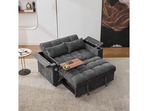 Canapé convertible 2 places 3-en-1, dossier réglable, table cachée, porte-gobelets et port usb, gris