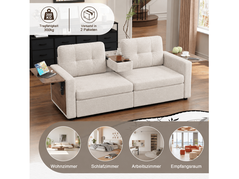  Canapé 2 places 178x71x57,5 cm avec rangements et tablettes réglables beige  - Conforama D