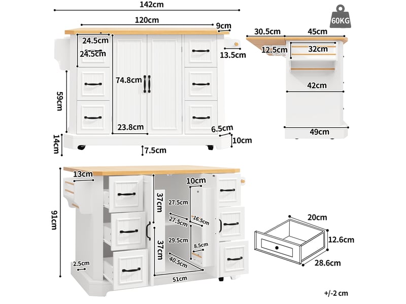  Desserte de cuisine mobile 120 x 45 x 91 cm, 2 portes, 6 tiroirs, blanche  - Conforama C