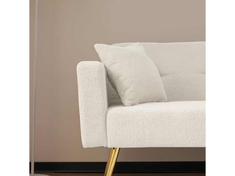  Canapé convertible bouclette blanche 2 places, canapé lit avec pieds dorés et poches latérales, dossier inclinable 175x64x72cm.  - Conforama W