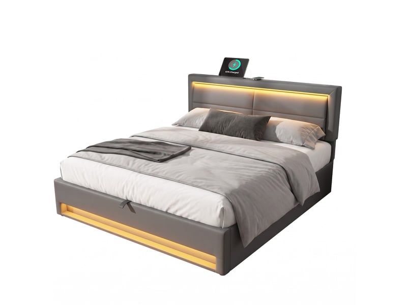  Lit rembourré 140 x 190 cm gris en pu-lychee avec led, usb et rangement, sans matelas  - Conforama A