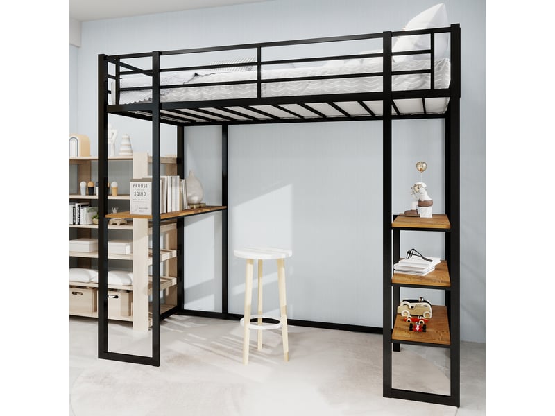 Lit mezzanine métal avec bureau intégré - 3 étagères de rangement, garde-corps 360° 33cm - gain de place - noir CYQ-W3301S00015 - Conforama R