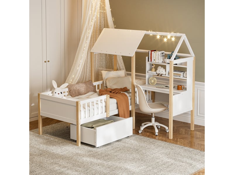  Lit enfant 90x200 cm bois massif - bureau intégré, rangements et barrière de sécurité  - Conforama B