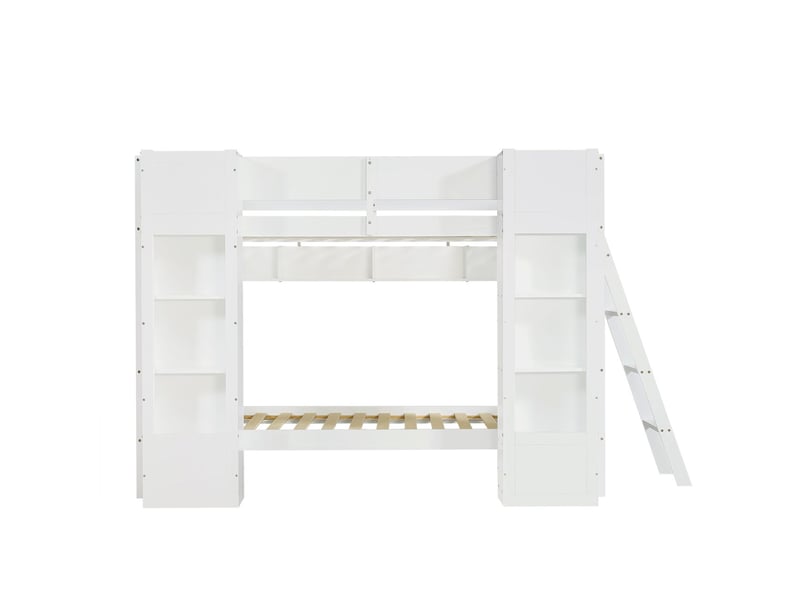 Lit superposé enfant 90 x 200 cm 2 armoires frontales étagère suspendue échelle montable à gauche ou à droite barrière anti-chute blanc - Conforama A
