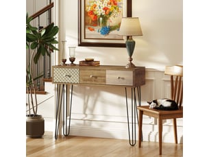 Table console avec 3 tiroirs, table d'entrée étroite avec pieds en épingle à cheveux en acier, marron, 90 x 30 x 75 cm