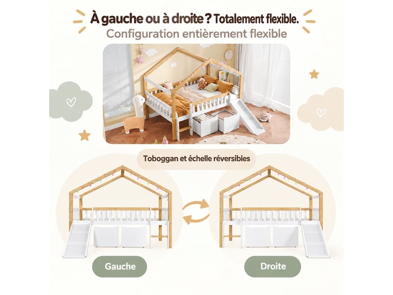 Lit surélevé enfant 120 x 200 cm en bois avec toboggan réversible, échelle, 2 tiroirs et barrières, blanc et naturel - Conforama D