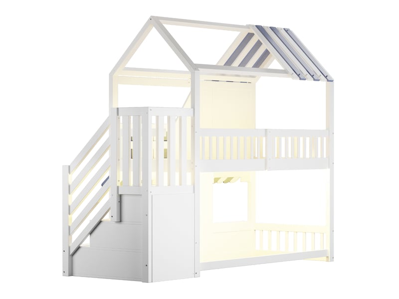  Lit superposé enfant 90x200 cm maison avec led bois blanc et bleu sans matelas  - Conforama E