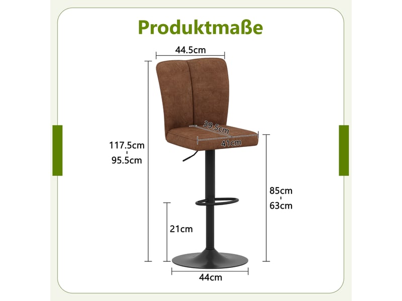  Lot de 2 tabourets de bar réglables,44,5x39,5 cm,pivotants,tissu et métal noir,marron  - Conforama C