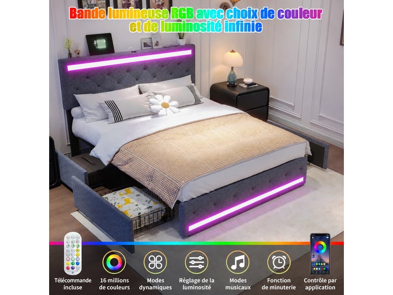  Lit double 140x200 avec 4 tiroirs, éclairage led et usb, tissu de lin gris foncé  - Conforama E