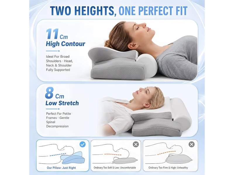 Coussin de nuque en mousse à mémoire de forme 2 en 1 - oreiller ergonomique avec 2 hauteurs et housse rafraîchissante - Conforama E