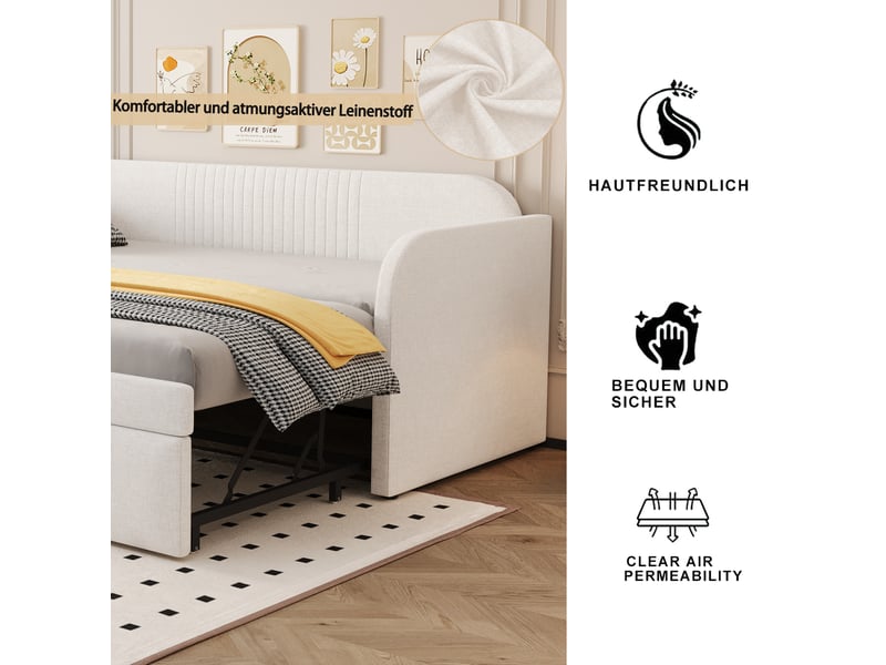  Canapé-lit convertible 90/180x190 cm, rayures verticales, tissu lin beige, sans matelas  - Conforama E