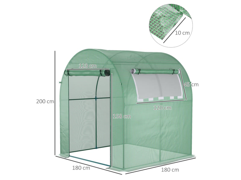  Serre de jardin tunnel 180 x 180 x 200 cm verte avec porte enroulable, fenêtre latérale et protection uv  - Conforama C