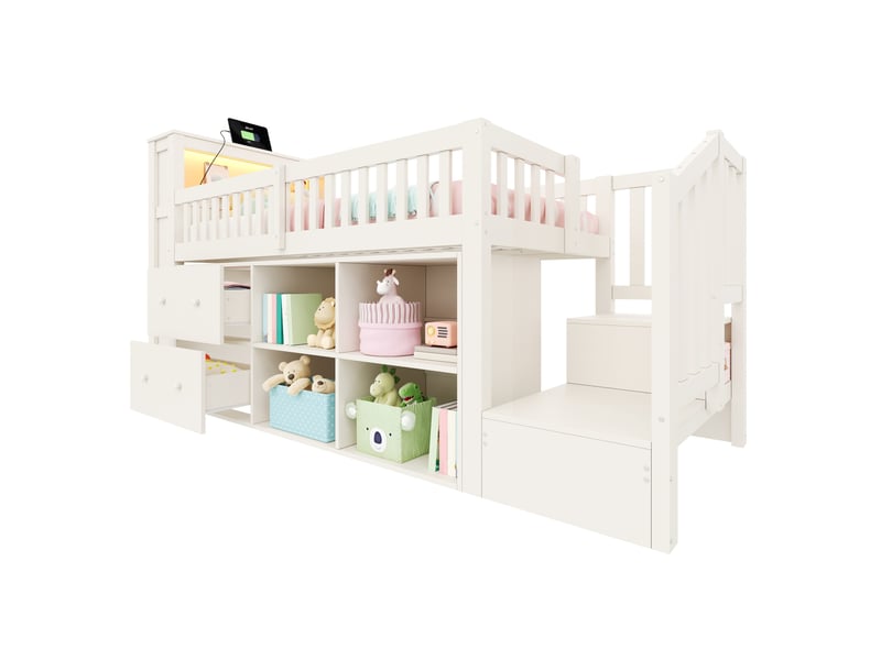 Lit mezzanine enfant 90x200 cm blanc avec bureau, rangements, led et ports usb, pour chambre organisée, sans matelas  - Conforama A
