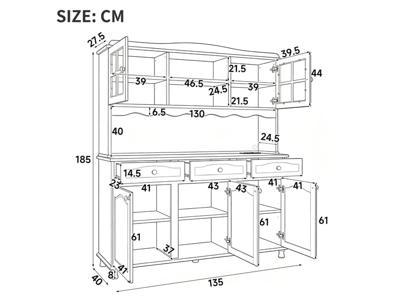  Buffet de cuisine avec 5 portes 3 tiroirs, led, prises et usb, meubles de rangement 135x40x185 cm, gris-vert  - Conforama C