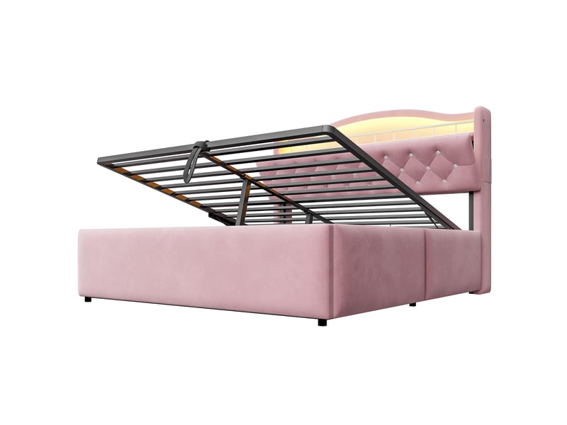  Lit coffre 140x200 cm, lit double, rangement hydraulique, led, velours rose, usb et usb-c  - Conforama B
