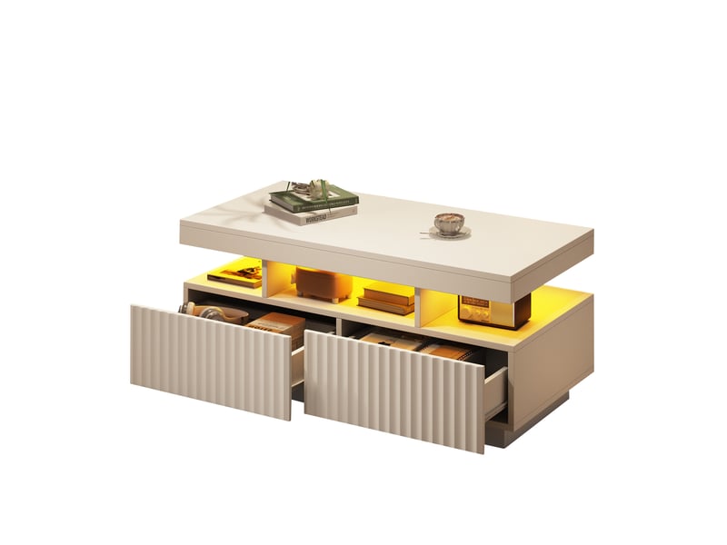 Table basse blanche 100x50x45 cm avec led, table de salon avec led, 2 tiroirs à rayures verticales, design minimaliste  - Conforama A
