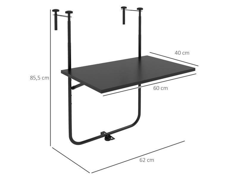  Table de balcon suspendue pliable noire 62 x 40 x 85,5 cm, réglable en hauteur  - Conforama C