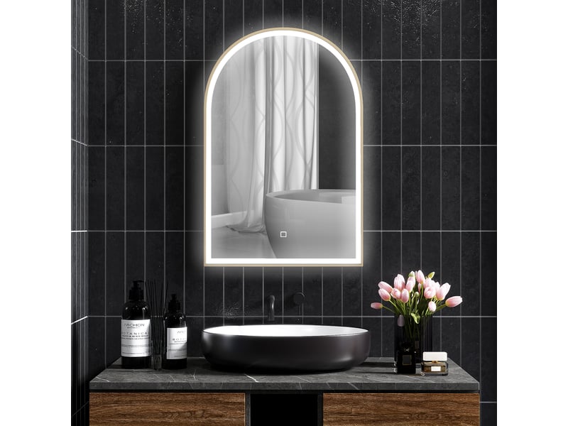 Miroir de salle de bain led 90 x 60cm, mural, 3 couleurs, arqué cadre en aluminium, désembuage et interrupteur tactile - Conforama D