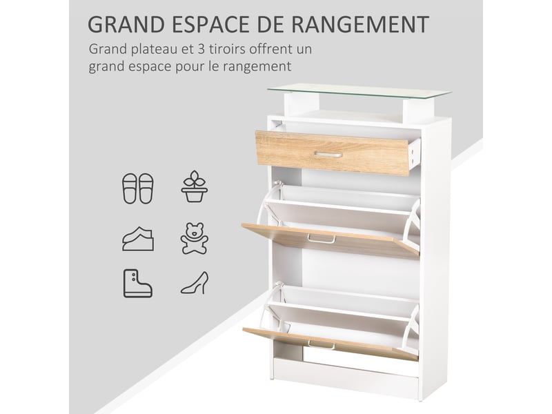  Armoire à chaussures meuble rangement chaussures 2 portes abattantes 2 compartiments, plateau en verre - bois chêne blanc, tiroir  - Conforama A