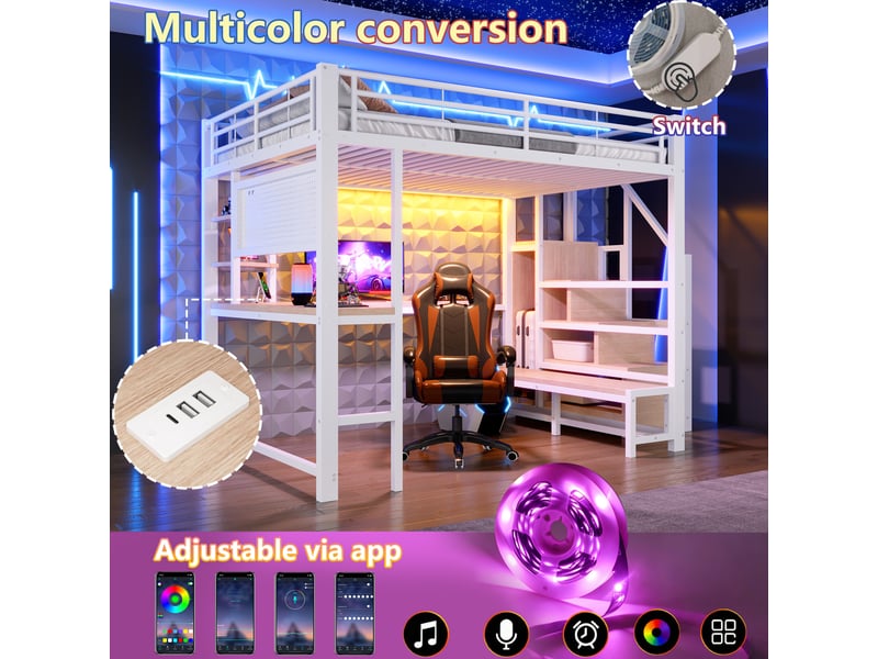  Lit mezzanine, 140 × 200 cm, blanc, bureau, led, usb + type-c, armoire-échelle, panneau perforé, étagères, sans matelas  - Conforama D