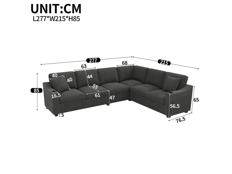  Canapé d'angle modulable 6 places en l, usbtype-c, 2 porte-gobelets, 2 coussins, tissu côtelé gris  - Conforama C