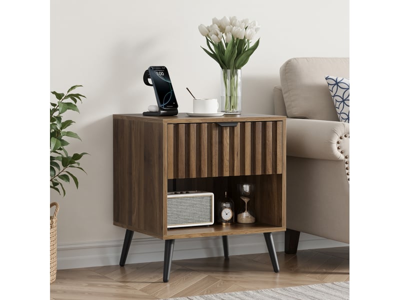 Table de chevet moderne avec tiroir et niche ouverte, meuble de rangement chambre et salon, mdf, coloris noyer et noir - Conforama E