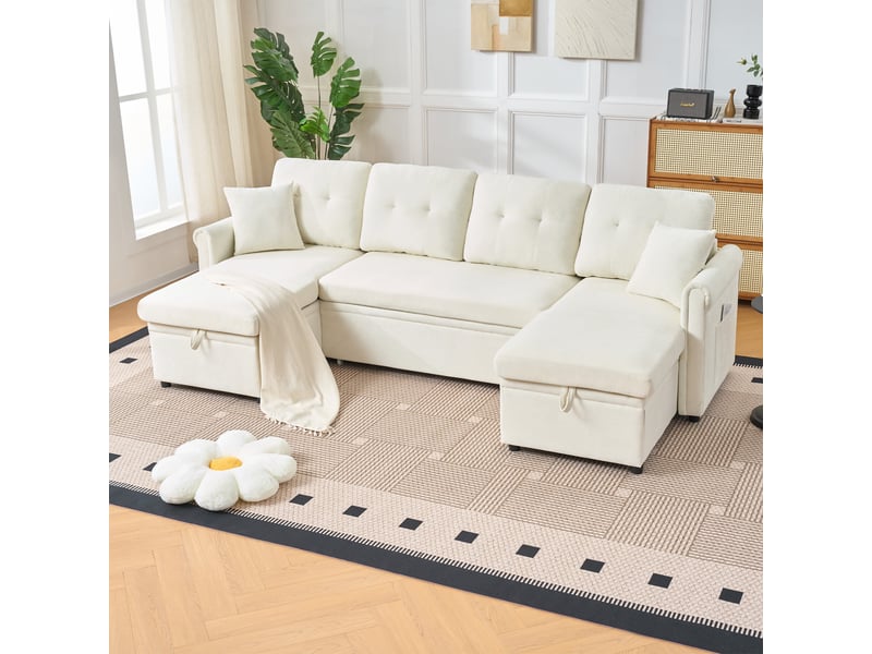  Canapé panoramique convertible en u 4 places 266x130x85 cm, couchage 240x124 cm, 2 coffres, assise profonde 109 cm, chenille beige  - Conforama B