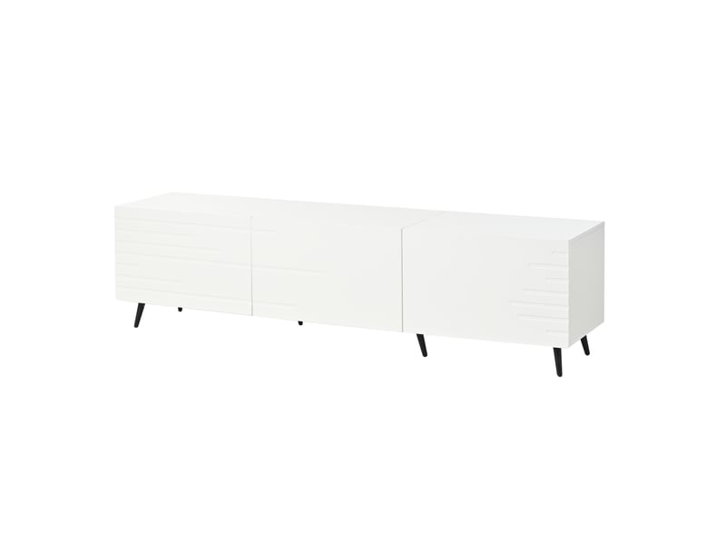  Meuble tv blanc 180 cm en mdf, meuble tv pour téléviseur 80 pouces avec 3 portes rabattables et grand rangement  - Conforama A
